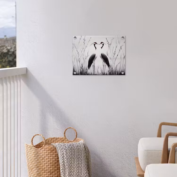 Kraanvogels - Gras - Hartvorm - Zwart tuinposter los doek klein -sfeer8