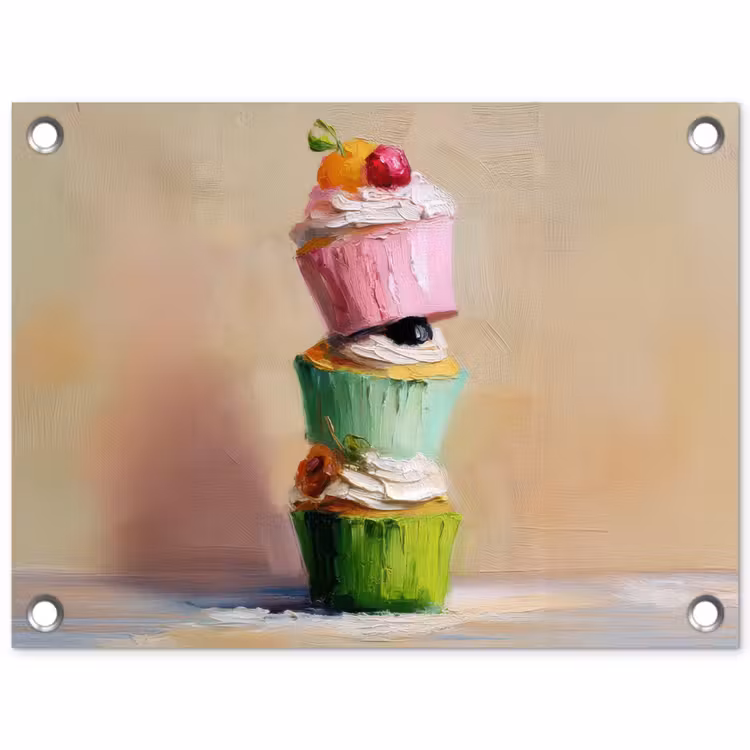 Cupcakes - Gestapeld - Kleurrijk - Fruit tuinposter los doek klein -3d