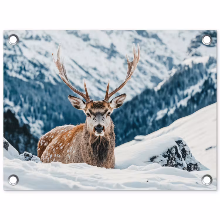 Hert - Landschap - Winter - Natuur - Dieren - Bergen tuinposter los doek klein -3d