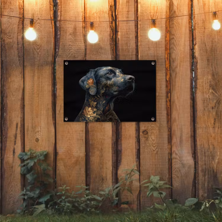 Hond - Zwart - Bloemen tuinposter los doek klein -sfeer1