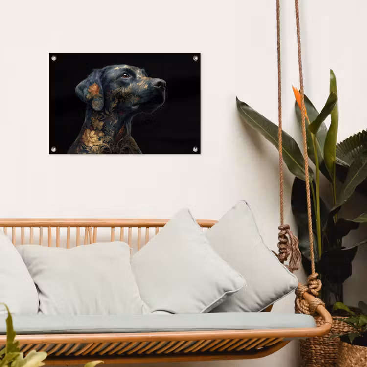 Hond - Zwart - Bloemen tuinposter los doek klein -sfeer7