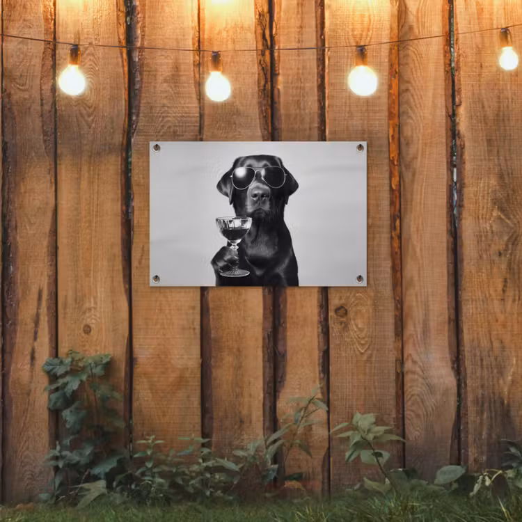 Hond - Zwart - Wijnglas - Zonnebril tuinposter los doek klein -sfeer1