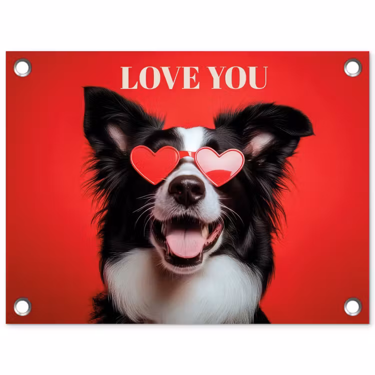 Hond - Hartjesbril - Loveyou - Rood tuinposter los doek klein -3d