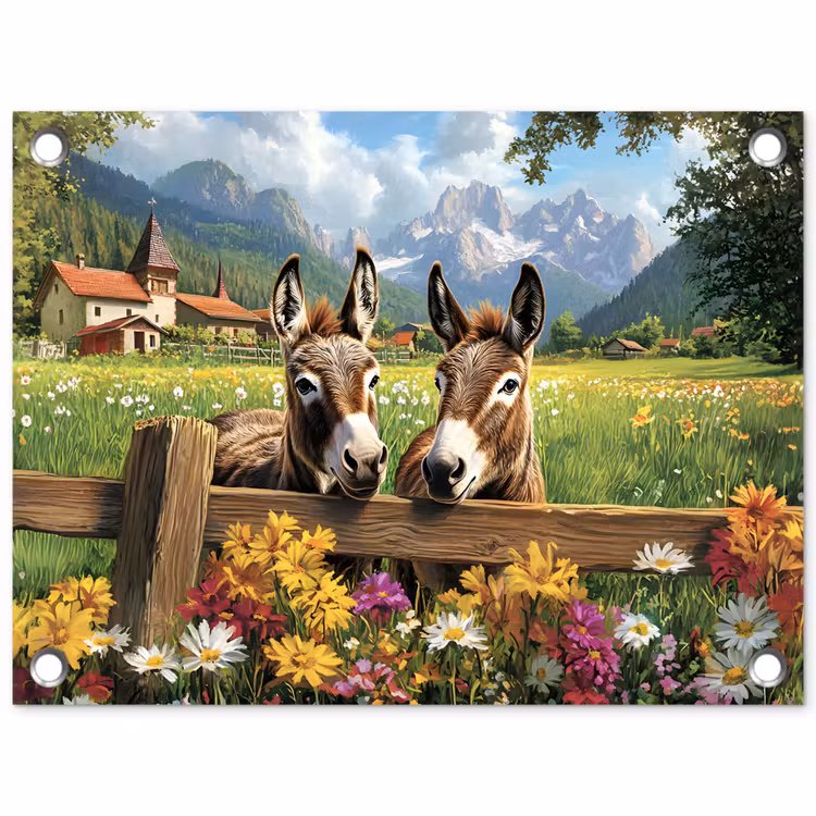 Ezels - Bloemen - Zomers tuinposter los doek klein -3d