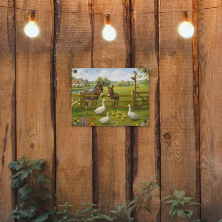 Ezels - Ganzen - Kleurrijk tuinposter los doek klein -sfeer1