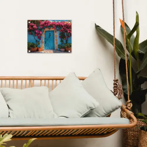 Deur - Hout - Bloemen - Blauw tuinposter los doek klein -sfeer7