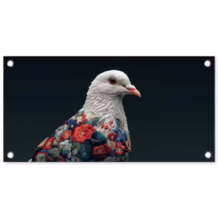 Duif - Bloemen - Wit - Zwart tuinposter los doek klein -3d