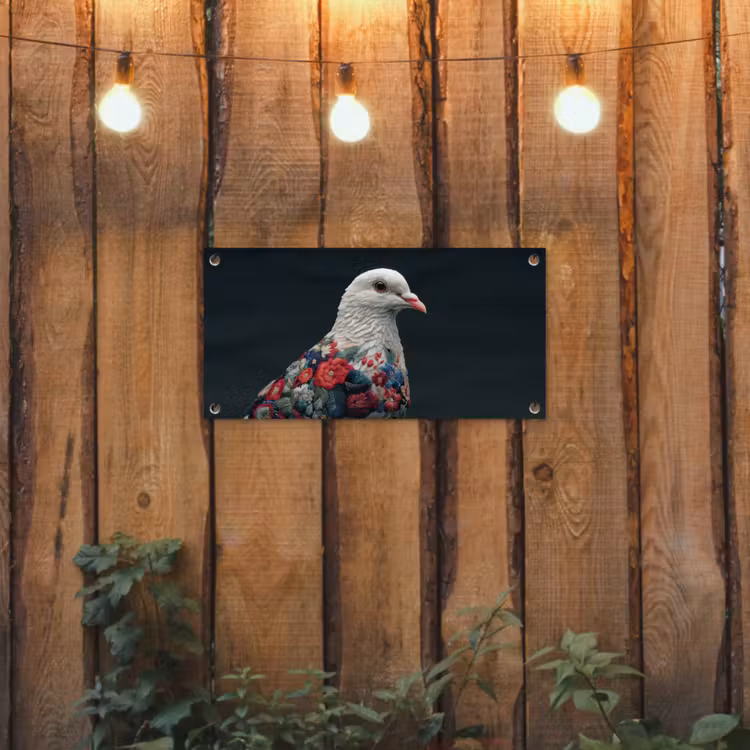 Duif - Bloemen - Wit - Zwart tuinposter los doek klein -sfeer1