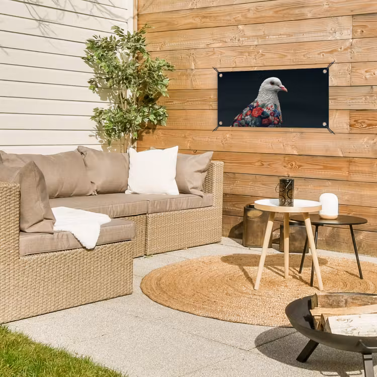 Duif - Bloemen - Wit - Zwart tuinposter los doek klein -sfeer4