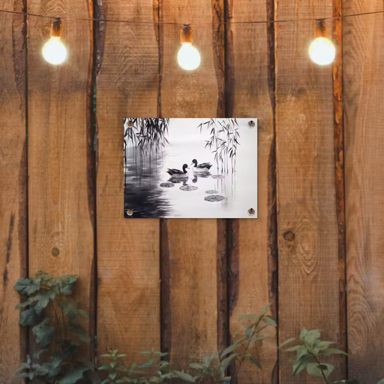 Eenden - Waterlelies - Riet - Zwart tuinposter los doek klein -sfeer1