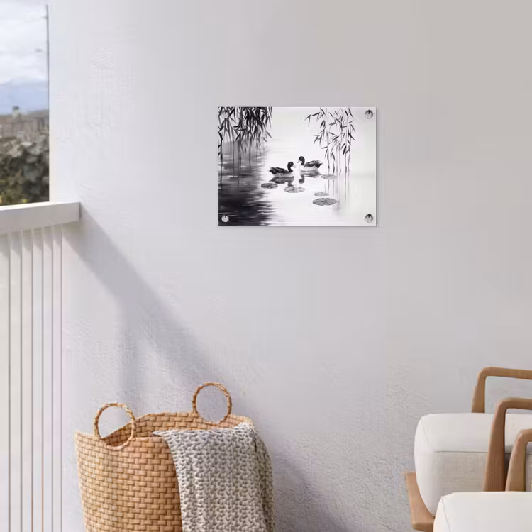 Eenden - Waterlelies - Riet - Zwart tuinposter los doek klein -sfeer8