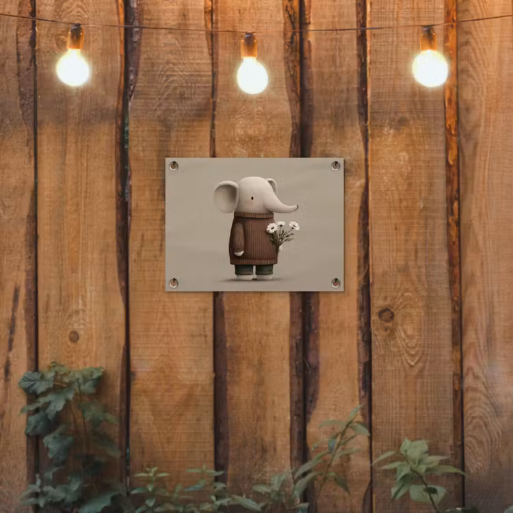 Olifant - Witte bloemen - Kindvriendelijk tuinposter los doek klein -sfeer1