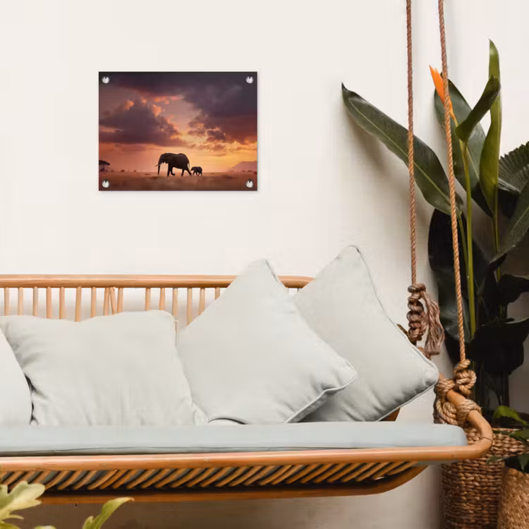 Olifanten - Grasland - Zonsondergang tuinposter los doek klein -sfeer7