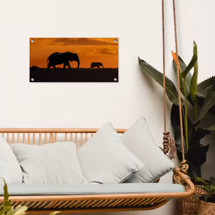 Olifanten - Savanne - Zonsondergang tuinposter los doek klein -sfeer7