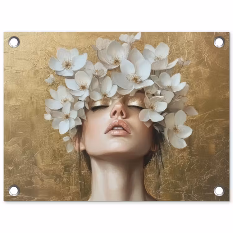 Gezicht - Bloemen - Goud - Abstract tuinposter los doek klein -3d