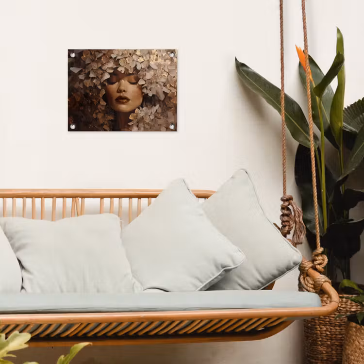 Gezicht - Vrouwe - Bladeren - Penseelstreken tuinposter los doek klein -sfeer7