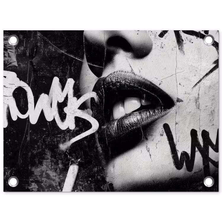 Gezicht - Mond - Graffiti - Zwart tuinposter los doek klein -3d