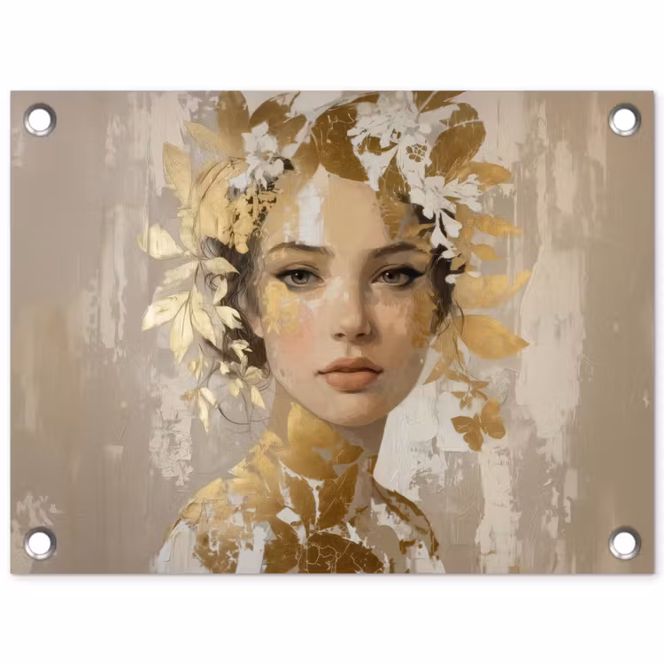 Gezicht - Vrouw - Bladeren - Goud tuinposter los doek klein -3d