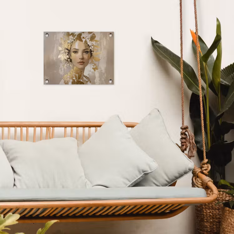 Gezicht - Vrouw - Bladeren - Goud tuinposter los doek klein -sfeer7