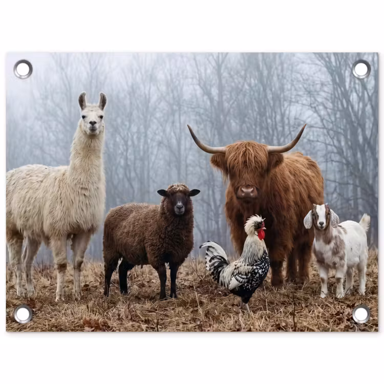 Boerderijdieren - Groep - Mist - Natuur - Rustiek tuinposter los doek klein -3d