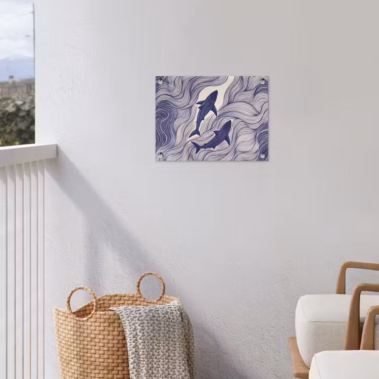 Vis - Oceaan - Lijntekening - Blauw - Dieren tuinposter los doek klein -sfeer8