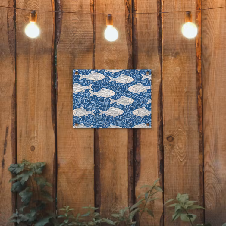 Vis - Water - Patroon - Grafisch - Blauw tuinposter los doek klein -sfeer1