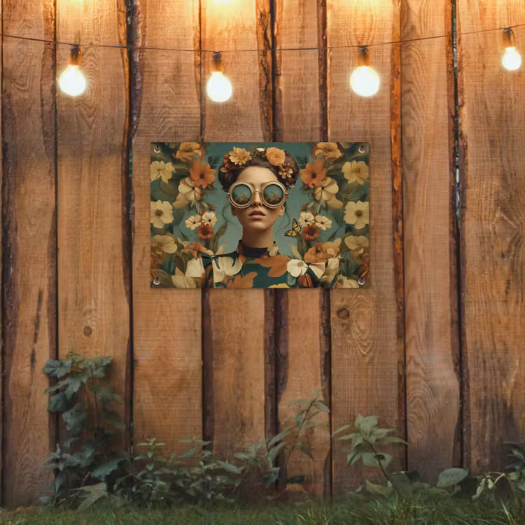 Bloemenkrans - Vrouwengezicht - Zonnebril - Oranje tuinposter los doek klein -sfeer1