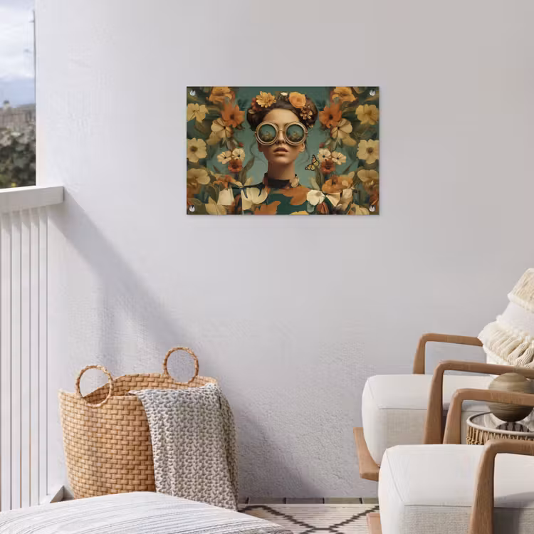 Bloemenkrans - Vrouwengezicht - Zonnebril - Oranje tuinposter los doek klein -sfeer8