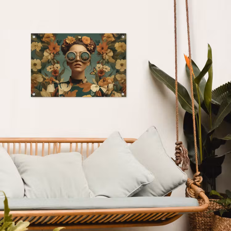 Bloemenkrans - Vrouwengezicht - Zonnebril - Oranje tuinposter los doek klein -sfeer7
