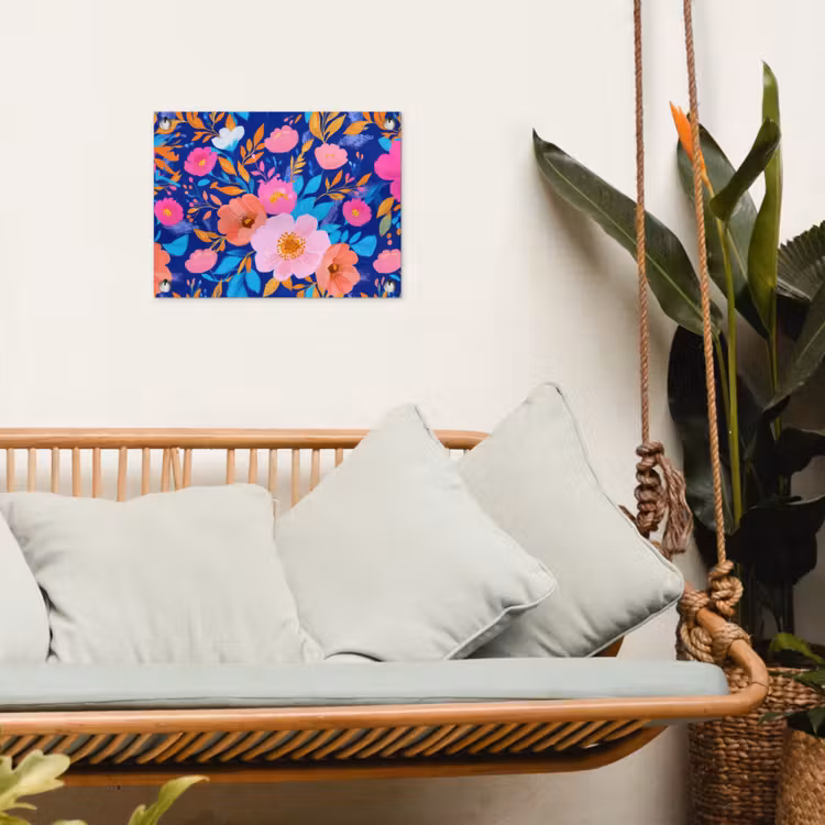 Bloemen - Blauw - Roze tuinposter los doek klein -sfeer7