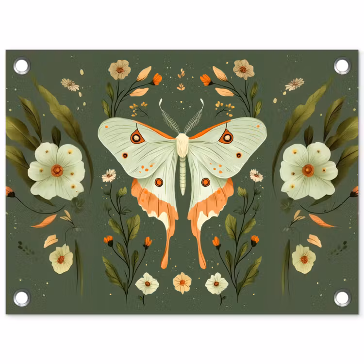 Bloemen - Bladeren - Olijfgroen - Vlinder tuinposter los doek klein -3d
