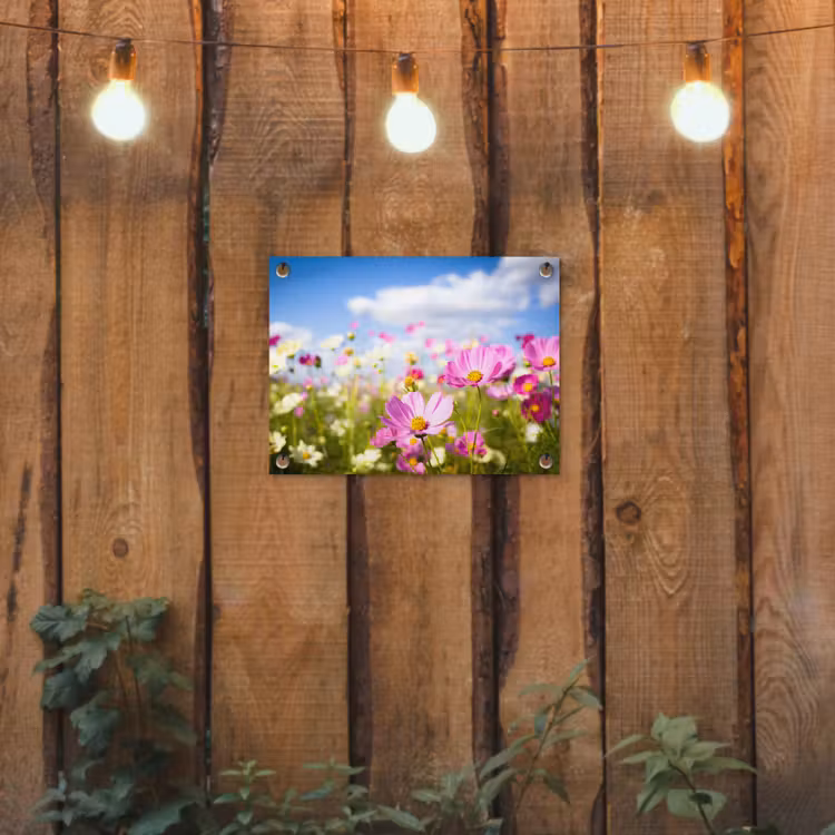 Bloemen - Wei - Paars - Gras - Wit - Wolken - Blauw tuinposter los doek klein -sfeer1
