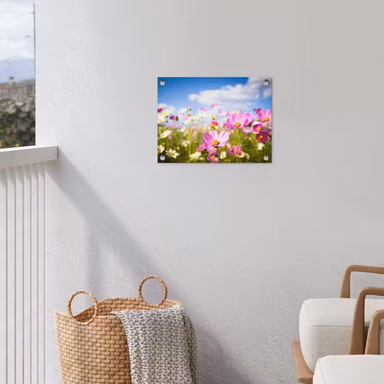 Bloemen - Wei - Paars - Gras - Wit - Wolken - Blauw tuinposter los doek klein -sfeer8