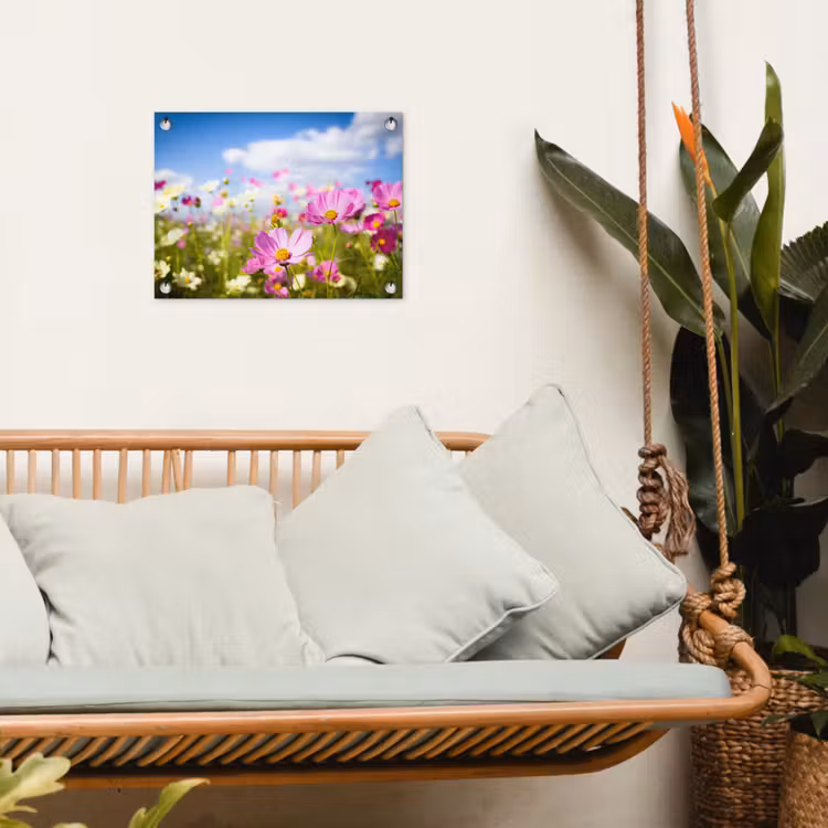 Bloemen - Wei - Paars - Gras - Wit - Wolken - Blauw tuinposter los doek klein -sfeer7