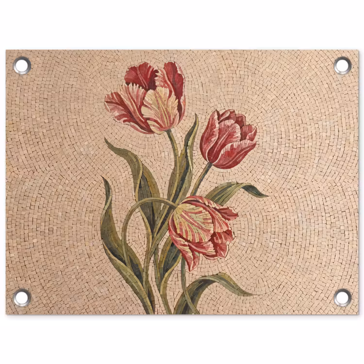Bloemen - Mozaïek - Rood - Groen - Kunst tuinposter los doek klein -3d