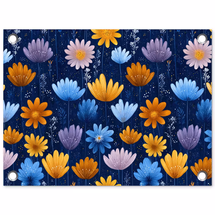 Bloemen - Patroon - Blauw - Contrast tuinposter los doek klein -3d