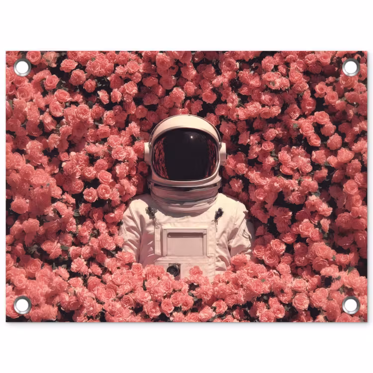 Bloemen - Roze - Astronaut tuinposter los doek klein -3d