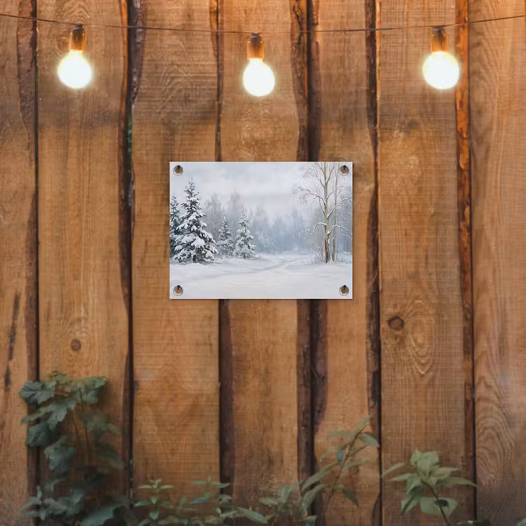 Bospad - Dennen - Sneeuw - Winter - Rustgevend tuinposter los doek klein -sfeer1