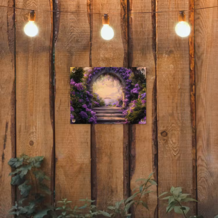 Poort - Paars - Bloemen tuinposter los doek klein -sfeer1