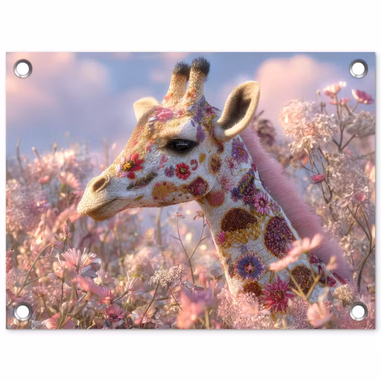 Giraffe - Bloemen - Roze tuinposter los doek klein -3d