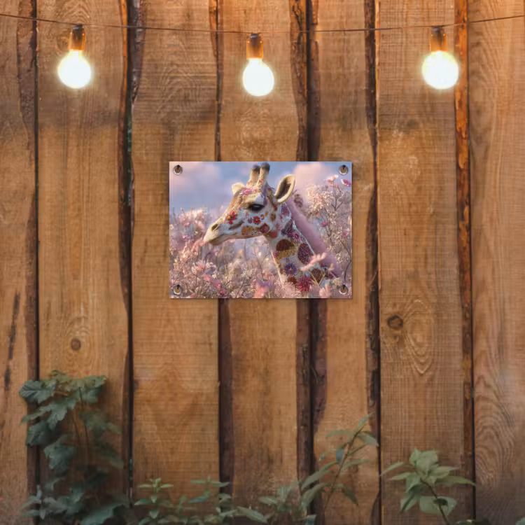 Giraffe - Bloemen - Roze tuinposter los doek klein -sfeer1