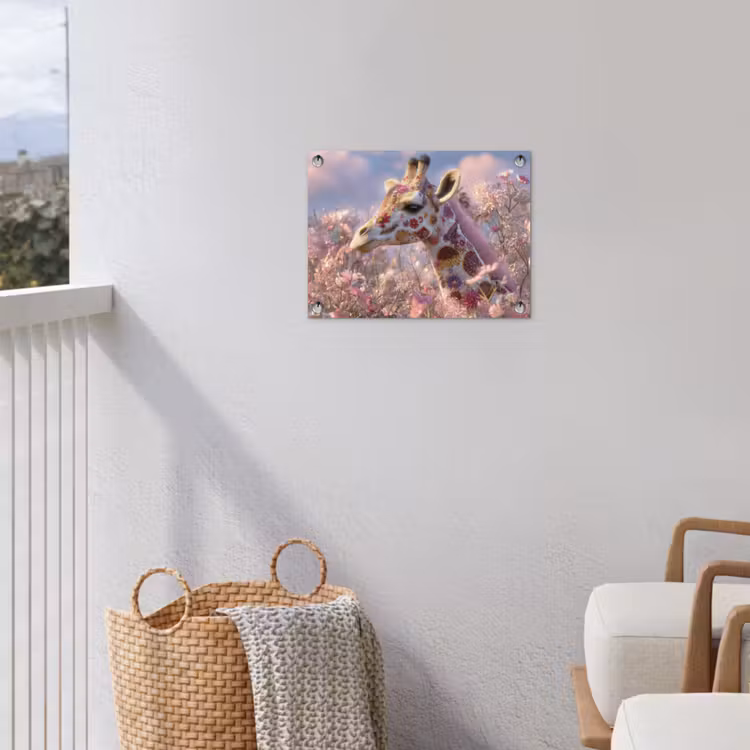 Giraffe - Bloemen - Roze tuinposter los doek klein -sfeer8
