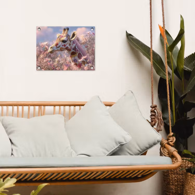 Giraffe - Bloemen - Roze tuinposter los doek klein -sfeer7