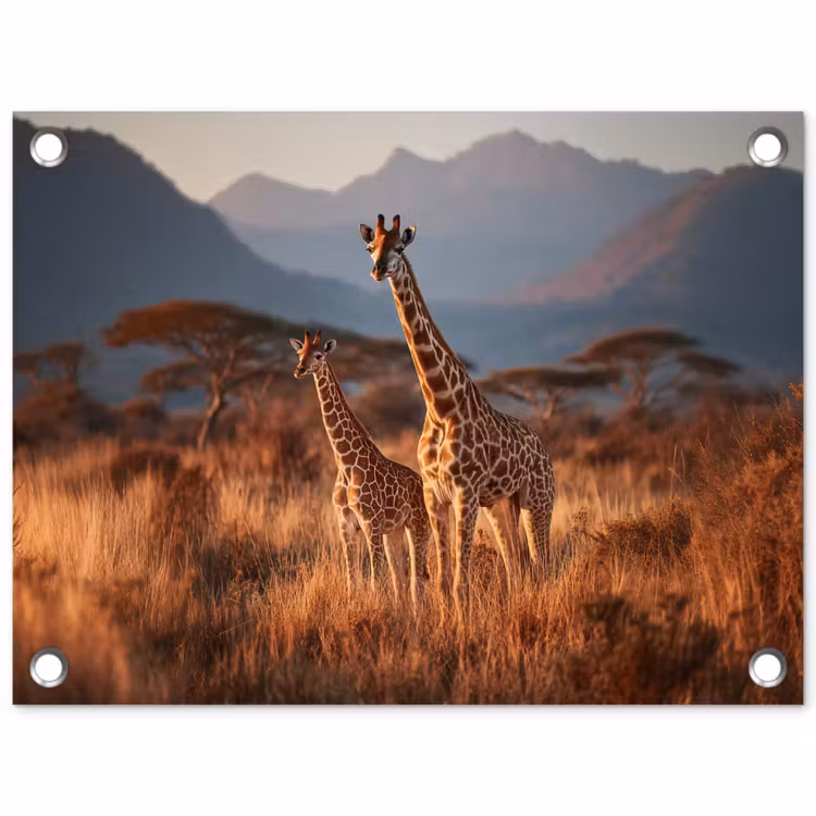 Giraffen - Hoog gras - Acaciabomen tuinposter los doek klein -3d