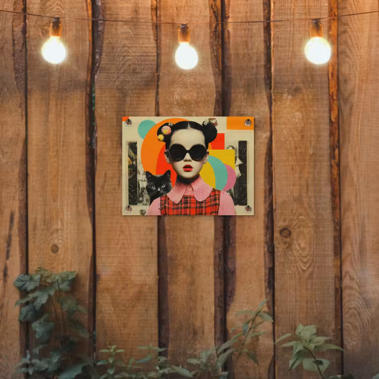 Meisje - Zonnebril - Kat - Retro tuinposter los doek klein -sfeer1