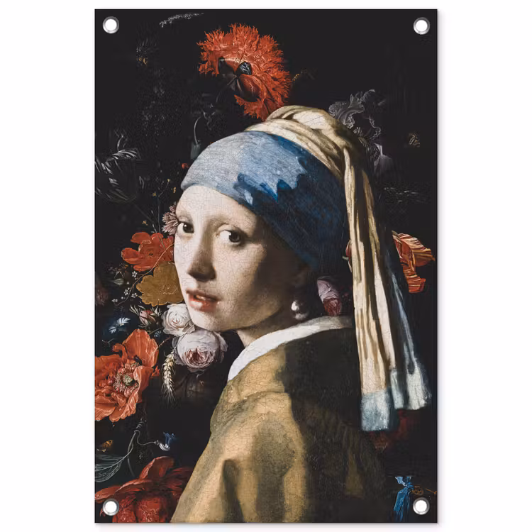 Meisje met de parel - Johannes Vermeer - Bloemen - Rood tuinposter los doek klein -3d