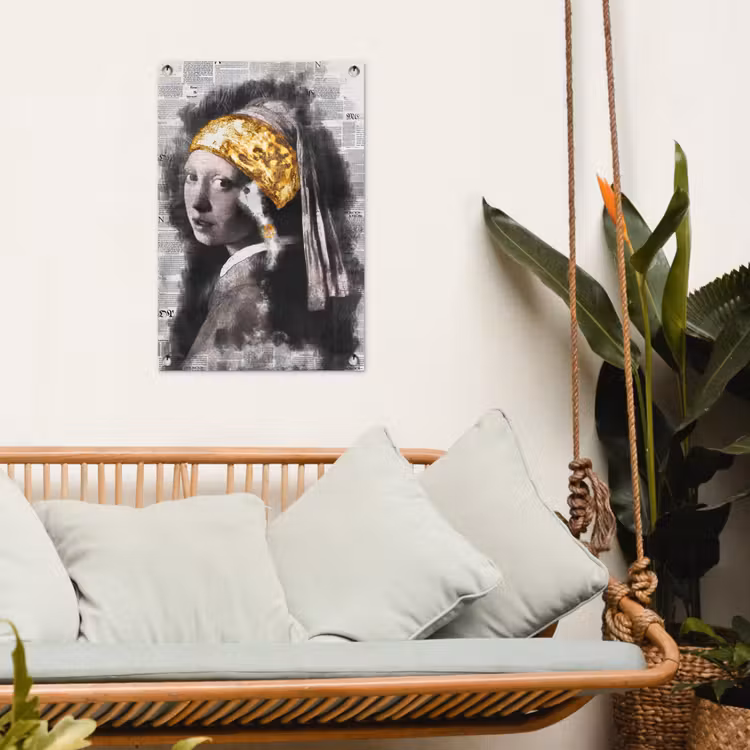 Meisje met de parel - Johannes Vermeer - Krant - Goud tuinposter los doek klein -sfeer7
