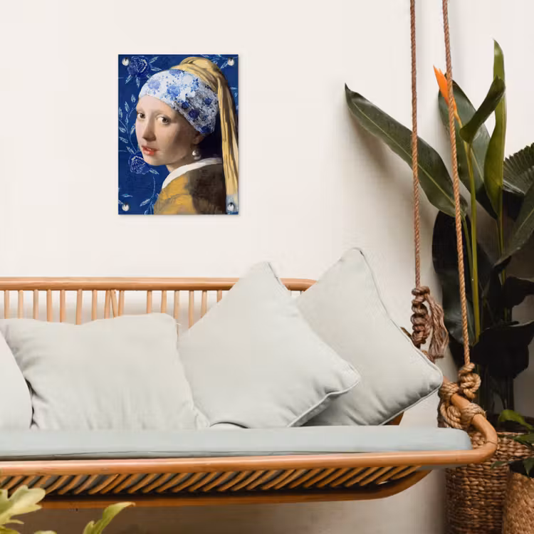 Meisje met de parel - Delfts blauw - Vermeer - Bloemen - Schilderij - Oude meesters tuinposter los doek klein -sfeer7