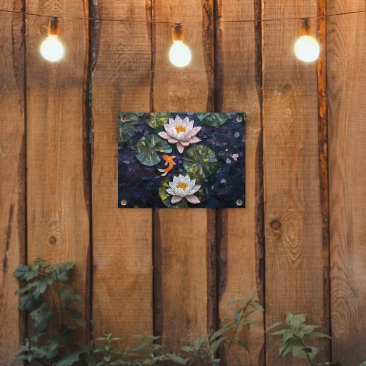 Glasstukjes - Leliebladeren - Vis - Oranje tuinposter los doek klein -sfeer1
