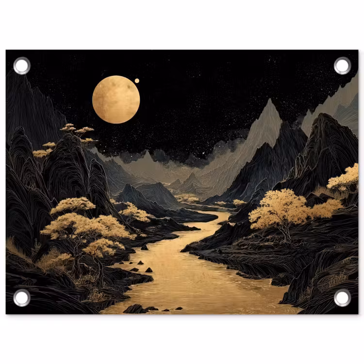 Gouden rivier - Bergen - Maan - Sterrenhemel tuinposter los doek klein -3d